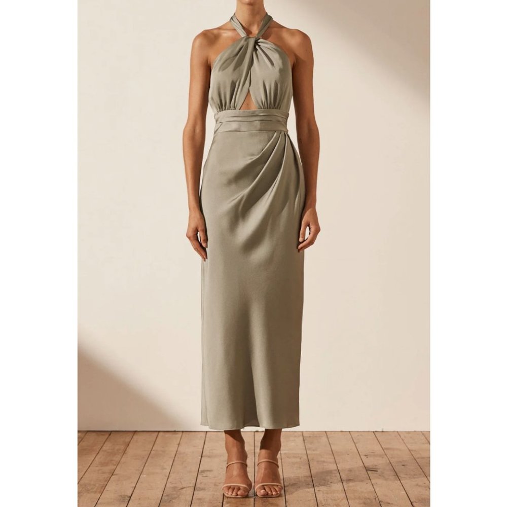 NWT Shona Joy Luxe Gathered Halter Midi Eucalyptus